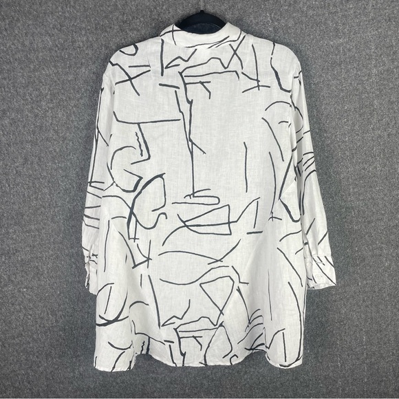 Finley Linen Tunic L White Black Line Art Print Minimalist Boho Lagenlook Top - Picture 4 of 11